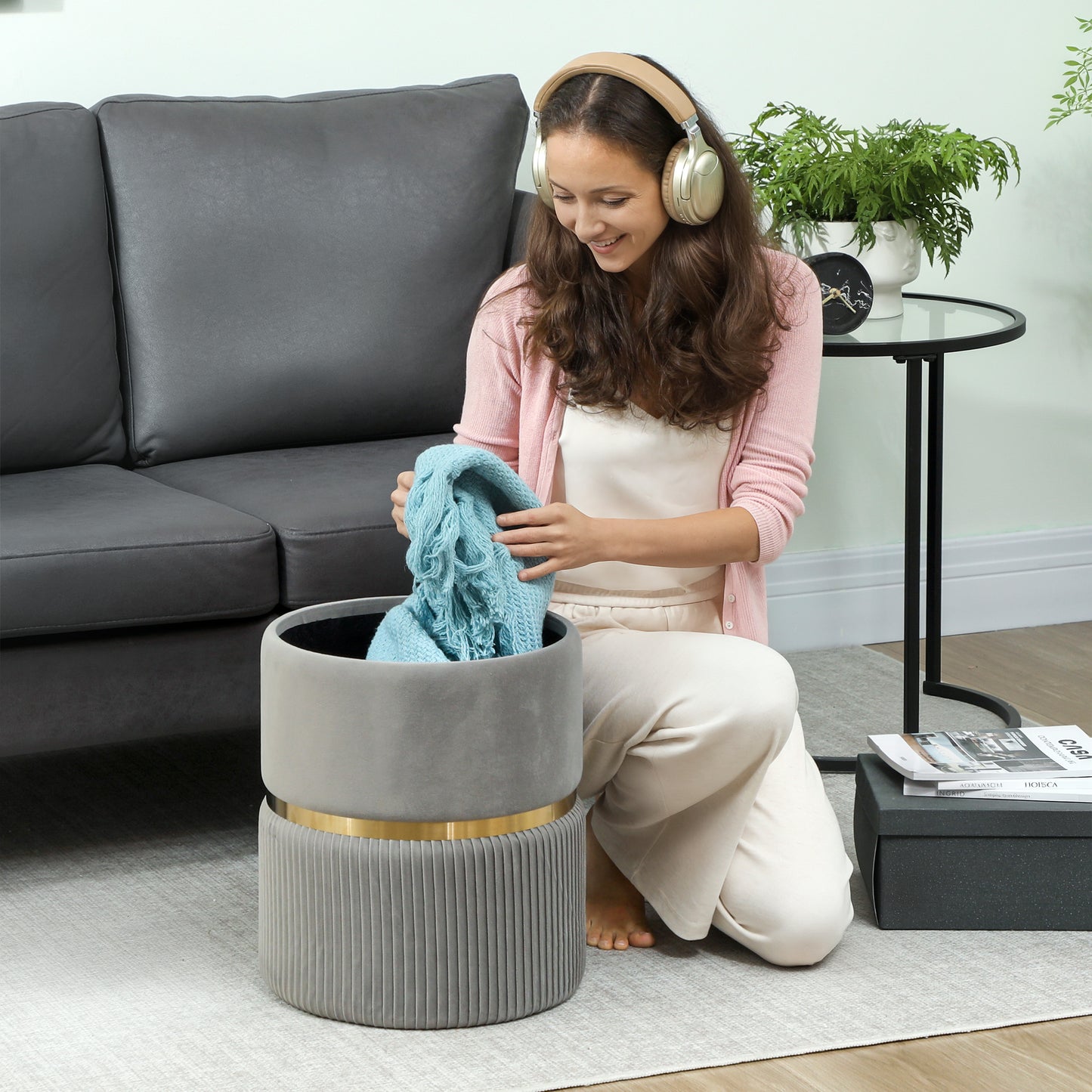 Round Pouffe Storage Footstool with Hidden Space, Light Grey