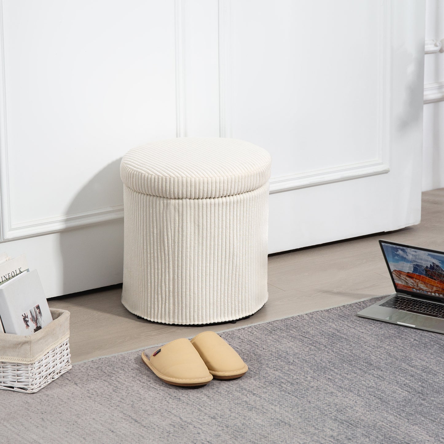 Round Storage Ottoman with Lid, Vanity Stool with Storage, Beige