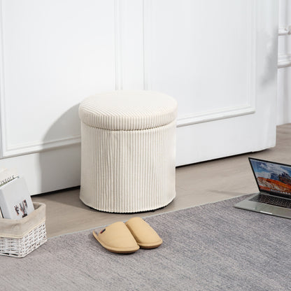 Round Storage Ottoman with Lid, Vanity Stool with Storage, Beige
