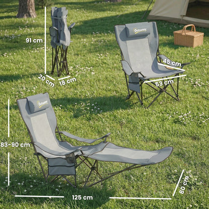 Set of 2 Reclining Folding Camping Chair, Portable Camp Chair with Adjustable Backrest, Footrest, Storage Pocket, Cup Holder and Headrest, for Camping, Beach, Picnic, Grey