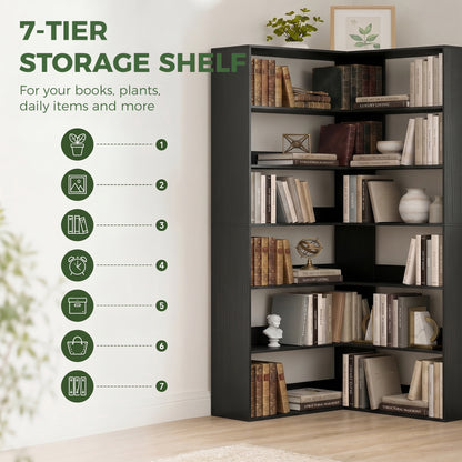 7 Tiers Corner Bookshelf, L-Shaped Bookcase with Anti-Slip Rear Guard, Storage Shelves for Living Room, Bedroom and Home Office, 90W x 90D x 180H cm, Black Wood Effect