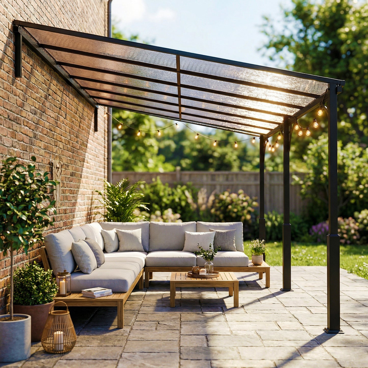 4 x 3 m Metal Lean-to Hardtop Gazebo, Wall-Mounted Pergola