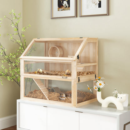 Wooden Hamster Cage w/ Detachable Bottom, Hut, Seesaw, Natural