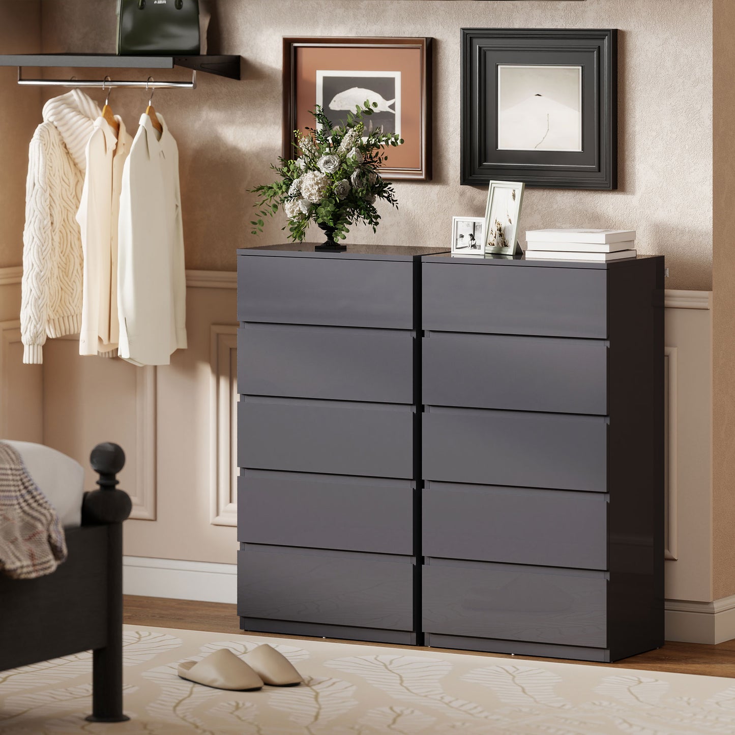 Bedroom Chest of Drawers, 5 Drawers Dresser, Drawer Unit, Grey