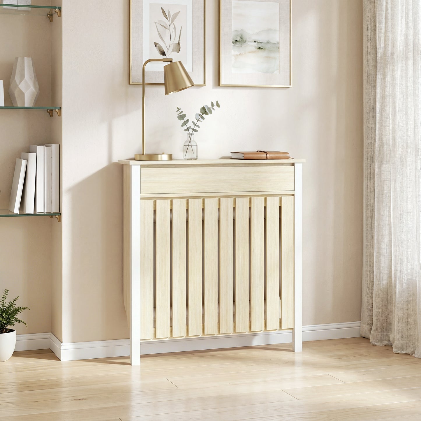 Radiator Cover with Drawer and Vertical Slats Oak