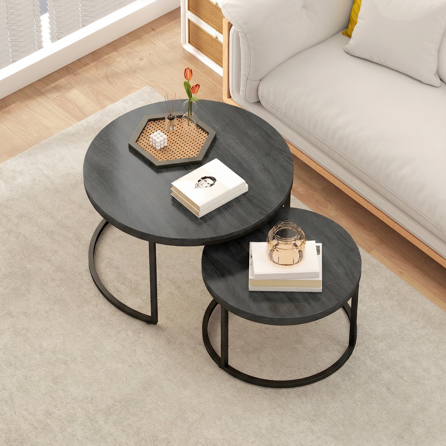 2 Pcs Stacking Coffee Table Set Steel Frame, Black Wood Grain