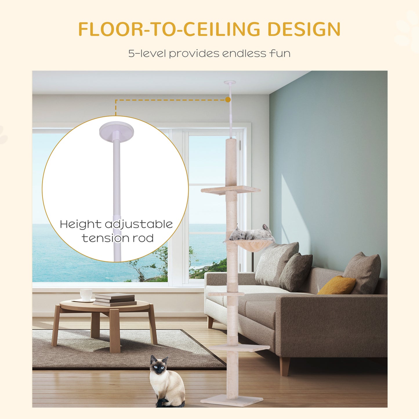 Floor to Ceiling Cat Tree for Indoor Cats 5-Tier Kitty Tower Climbing Activity Center Scratching Post Adjustable Height 230-260 cm Beige