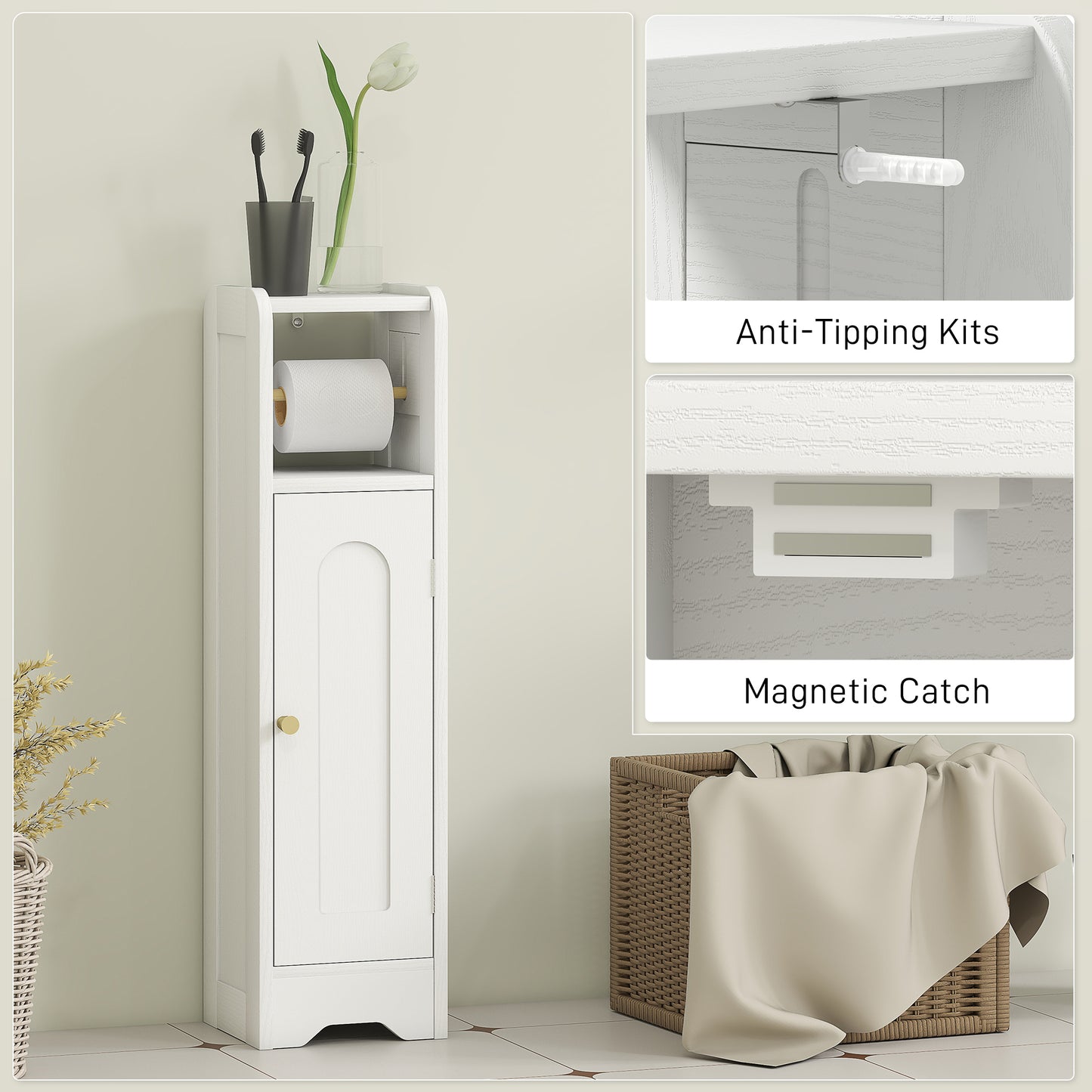 Toilet Roll Holder Slim Bathroom Cabinet with Adjustable Shelf White