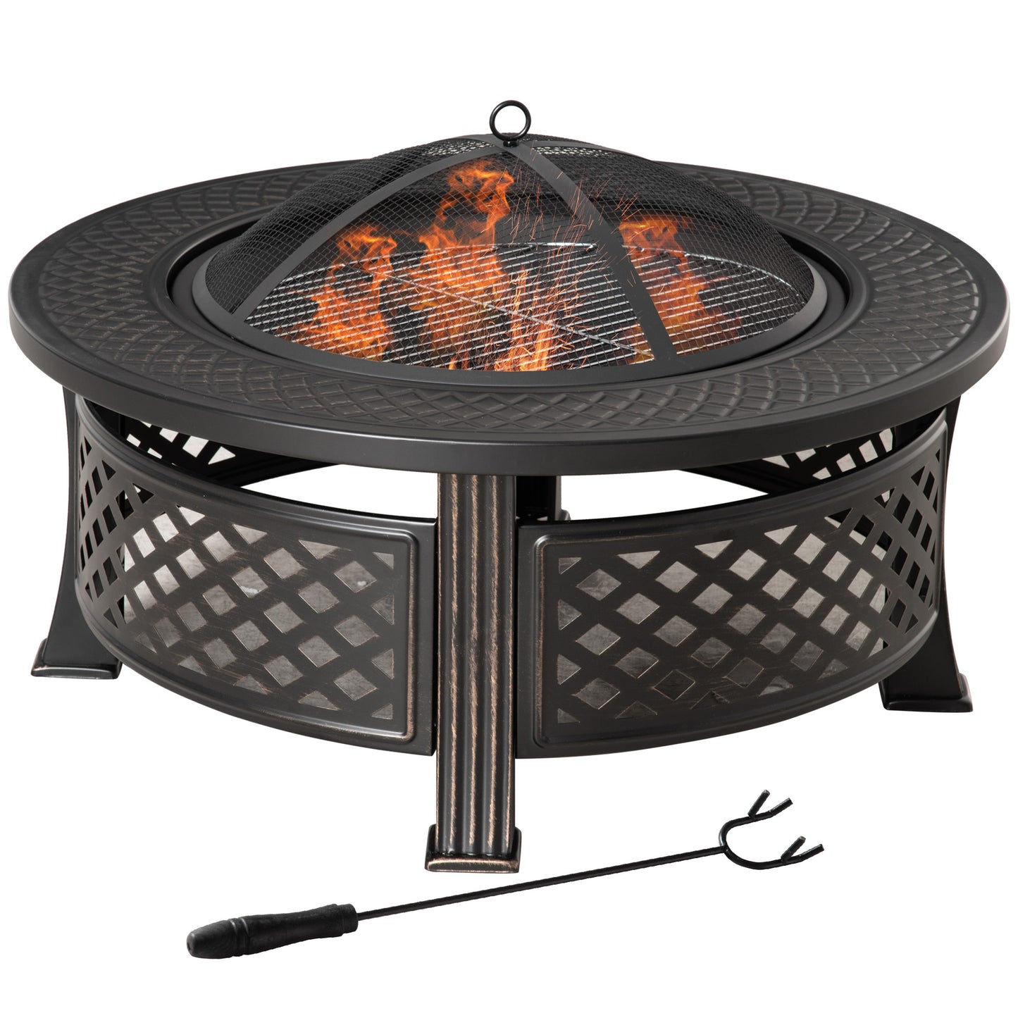 Outdoor Fire Pit,Round Firepit with Grill Net,Mesh Lid,Bronze Tone
