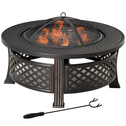 Outdoor Fire Pit,Round Firepit with Grill Net,Mesh Lid,Bronze Tone