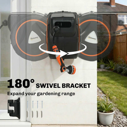 Retractable Hose Reel Wall Mounted, 28+2m Garden Hose Pipe Reel with Auto Retraction, Self-Locking, Slow Return System, 180° Swivel Bracket, 12-Pattern Nozzles and Faucet Adaptor, Orange