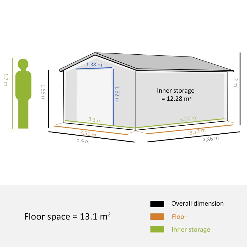13 x 11ft Garden Metal Storage Shed Grey