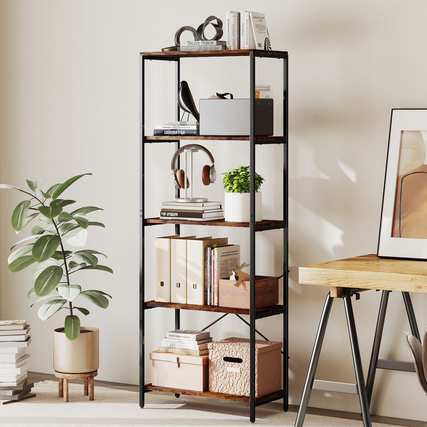 Industrial Bookshelf, Freestanding Bookcase, Rustic Brown and Black