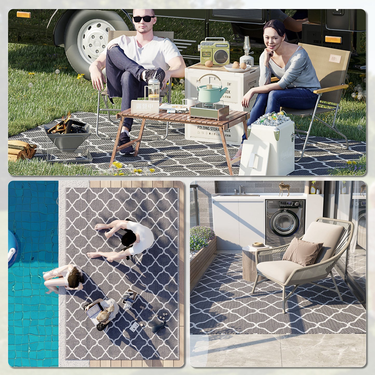 Reversible Waterproof Outdoor Rug W/ Carry Bag, 182 x 274 cm, Grey