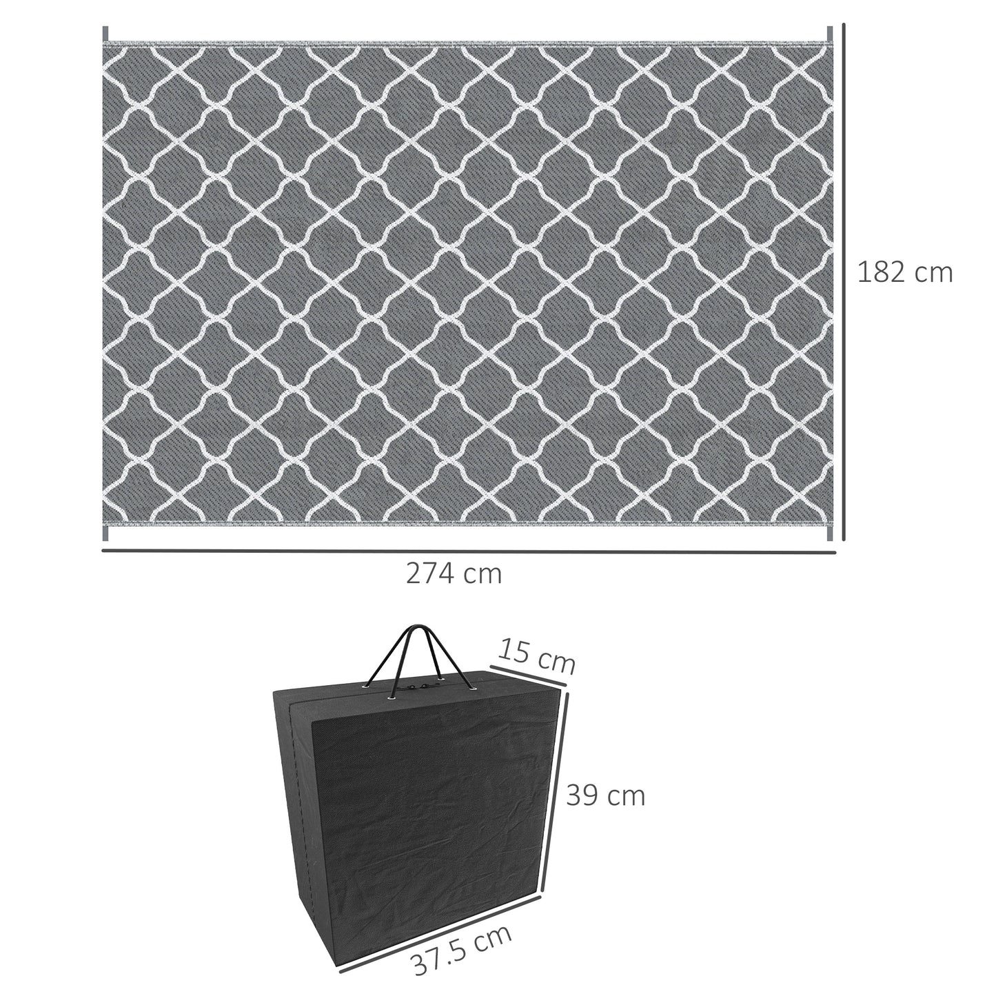 Reversible Waterproof Outdoor Rug W/ Carry Bag, 182 x 274 cm, Grey