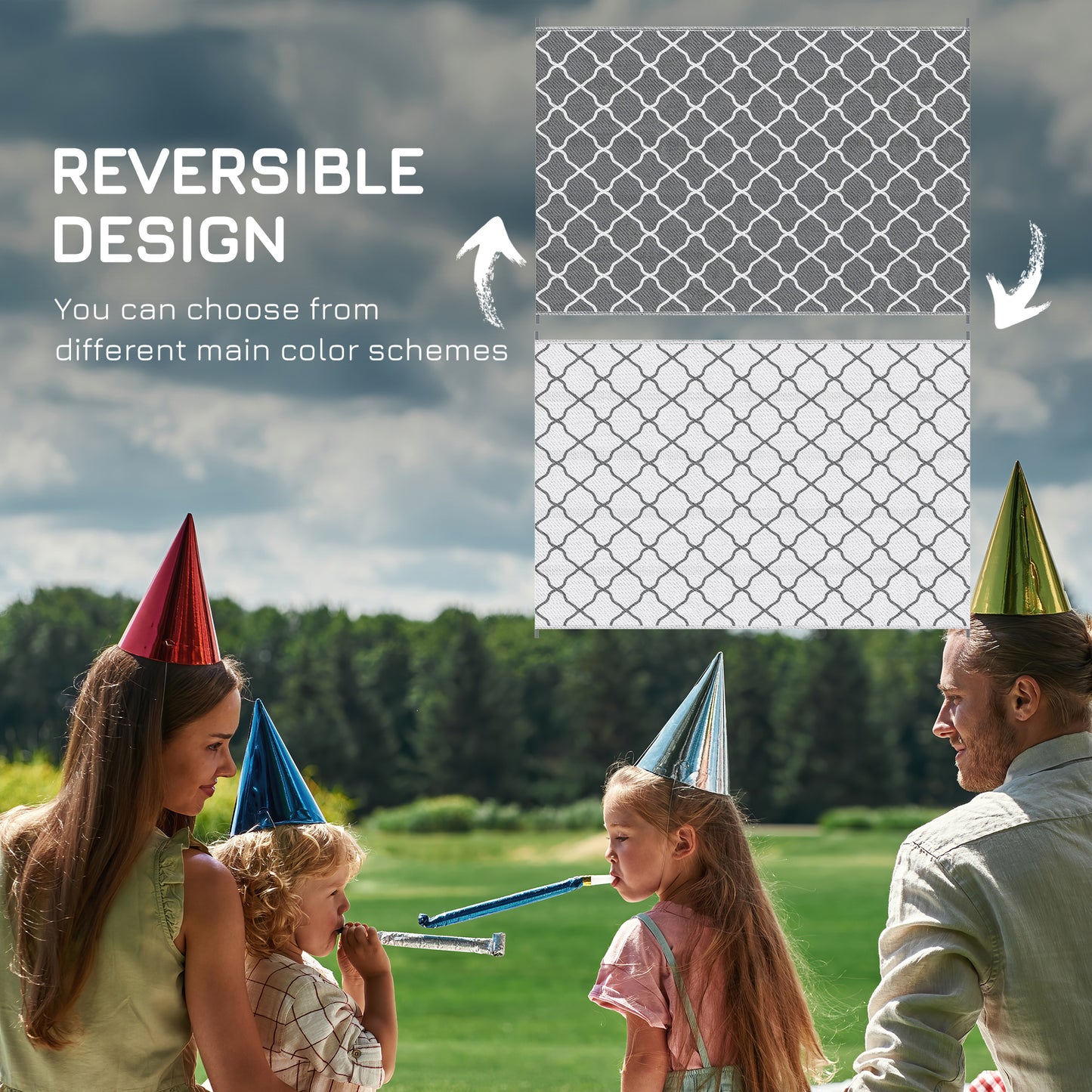 Reversible Waterproof Outdoor Rug W/ Carry Bag, 182 x 274 cm, Grey