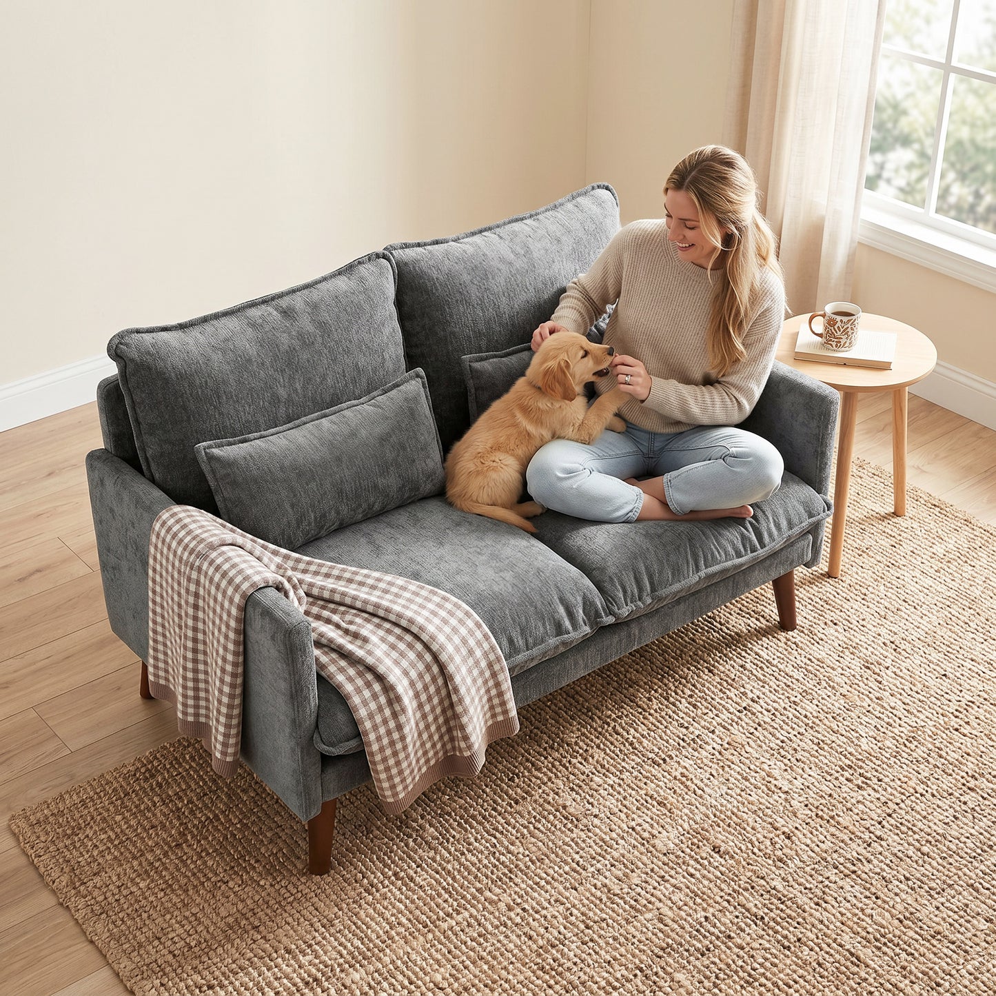 2 Seater Sofa, 131cm Velvet-Feel Fabric Loveseat Sofa with Spring Cushions, Wide and Deep Seat, Wood Legs, 2 Pillows, Modern Couch Settee for Small Space, Living Room, Bedroom, Office, Grey