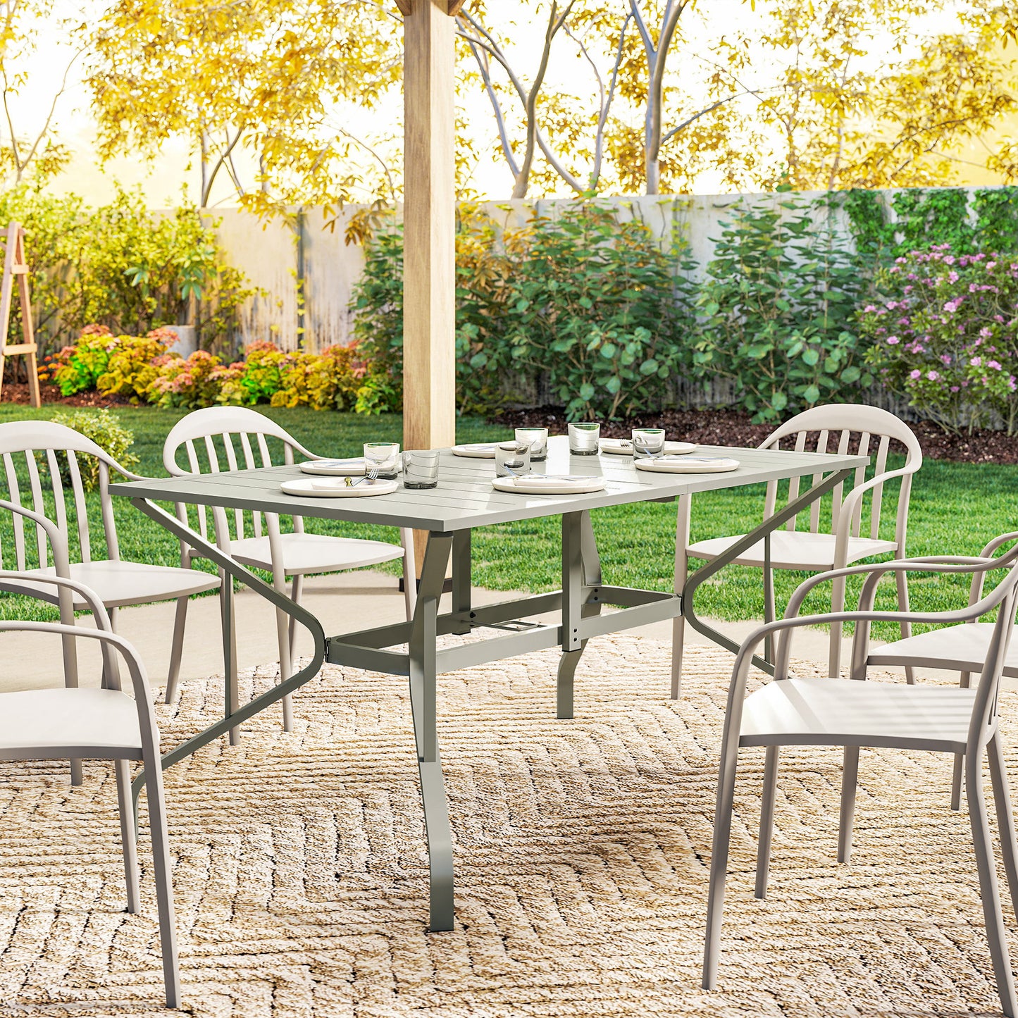 Garden Dining Table with Steel Frame and Slatted Top, Light Grey