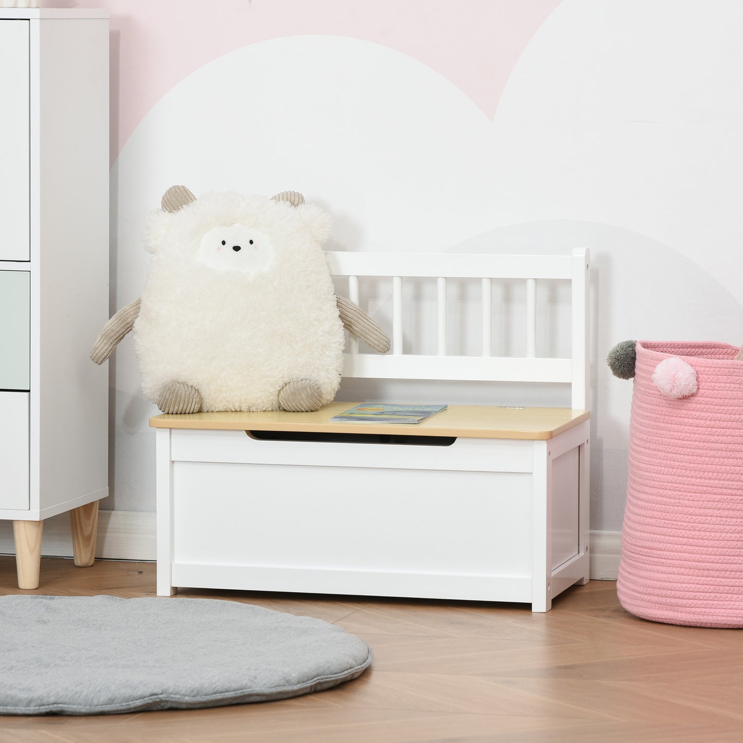 2 In 1 Wooden Toy Box, Seat Bench Storage Chest w/ Pneumatic Rod