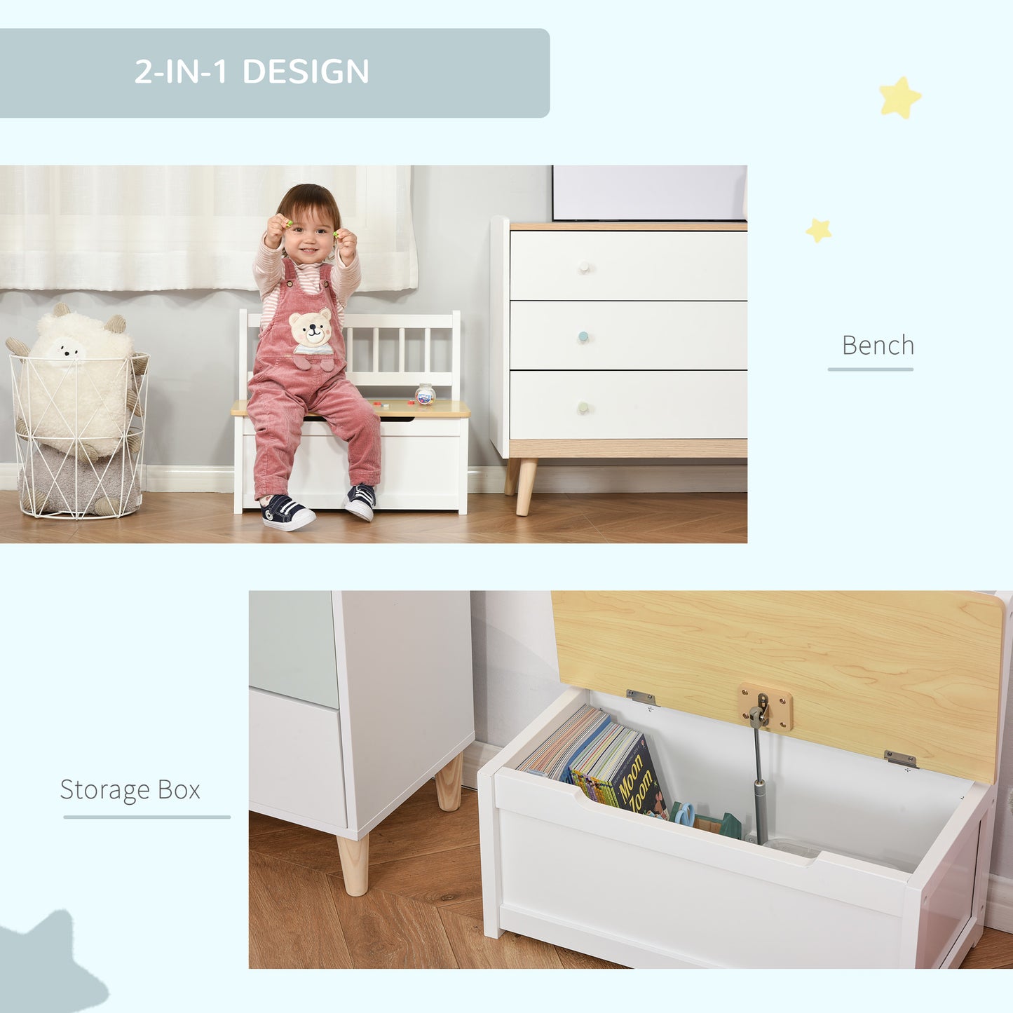 2 In 1 Wooden Toy Box, Seat Bench Storage Chest w/ Pneumatic Rod