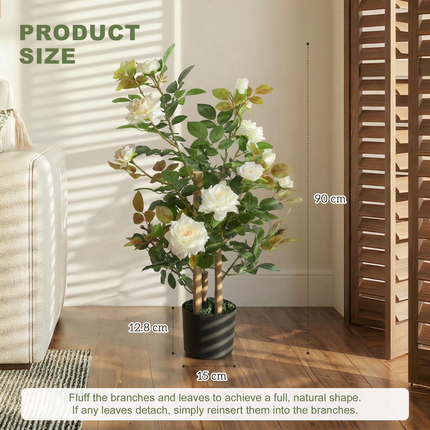 90cm Artificial Rose Tree with 344 Silk Leaves and 17 Flowers, White