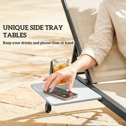 Sun Loungers for Garden Set of 2 with Side Tray Table, Khaki