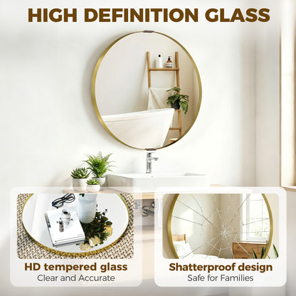 Round Wall Mirror 61 cm, Wall Mounted Bathroom Mirror with Tempered Safety Glass and Aluminium Alloy Frame for Living Room, Bedroom, Entryway, Home, Gold Tone