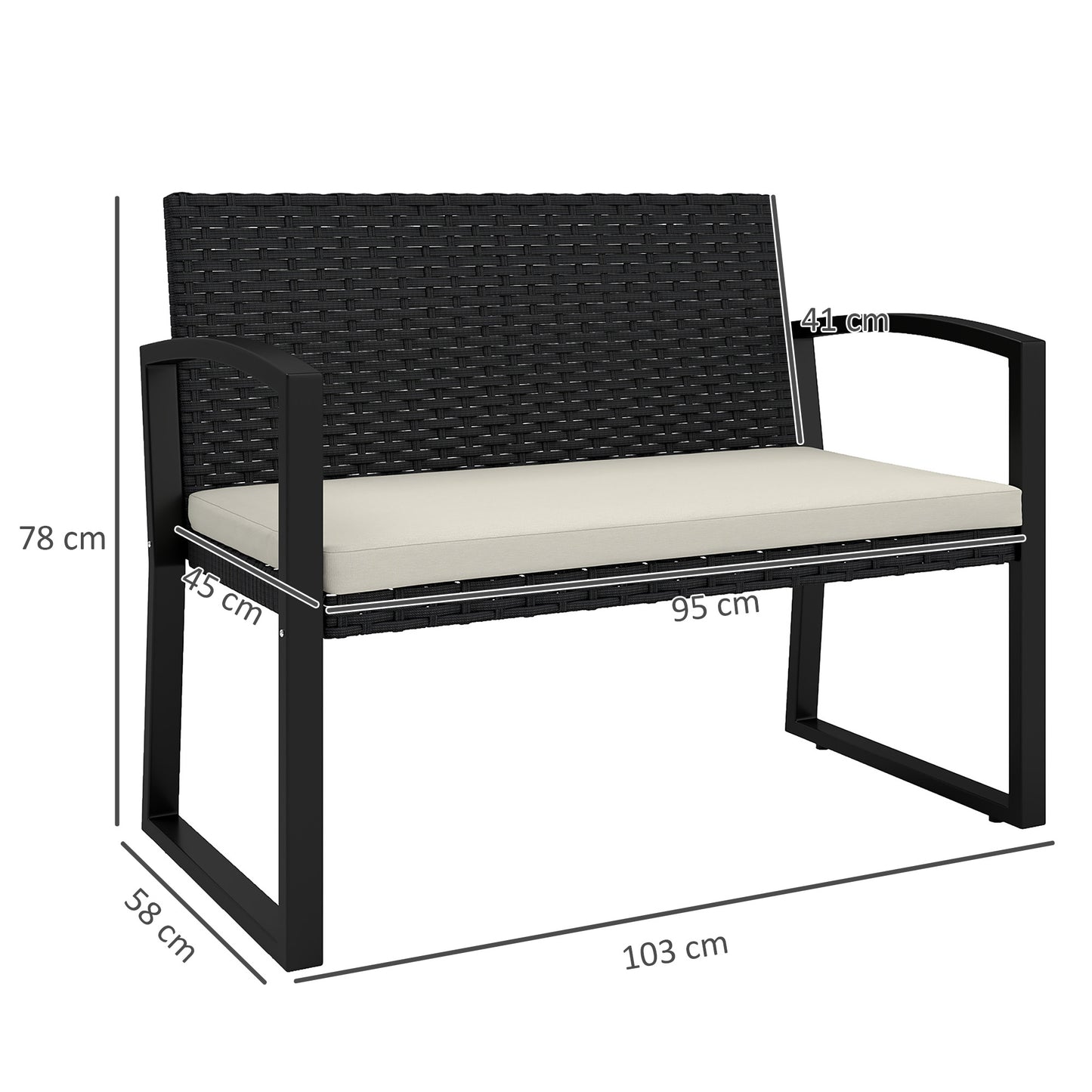 2 Seater Rattan Garden Bench with Cushion, Steel Frame, Black