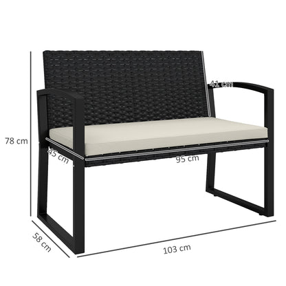 2 Seater Rattan Garden Bench with Cushion, Steel Frame, Black