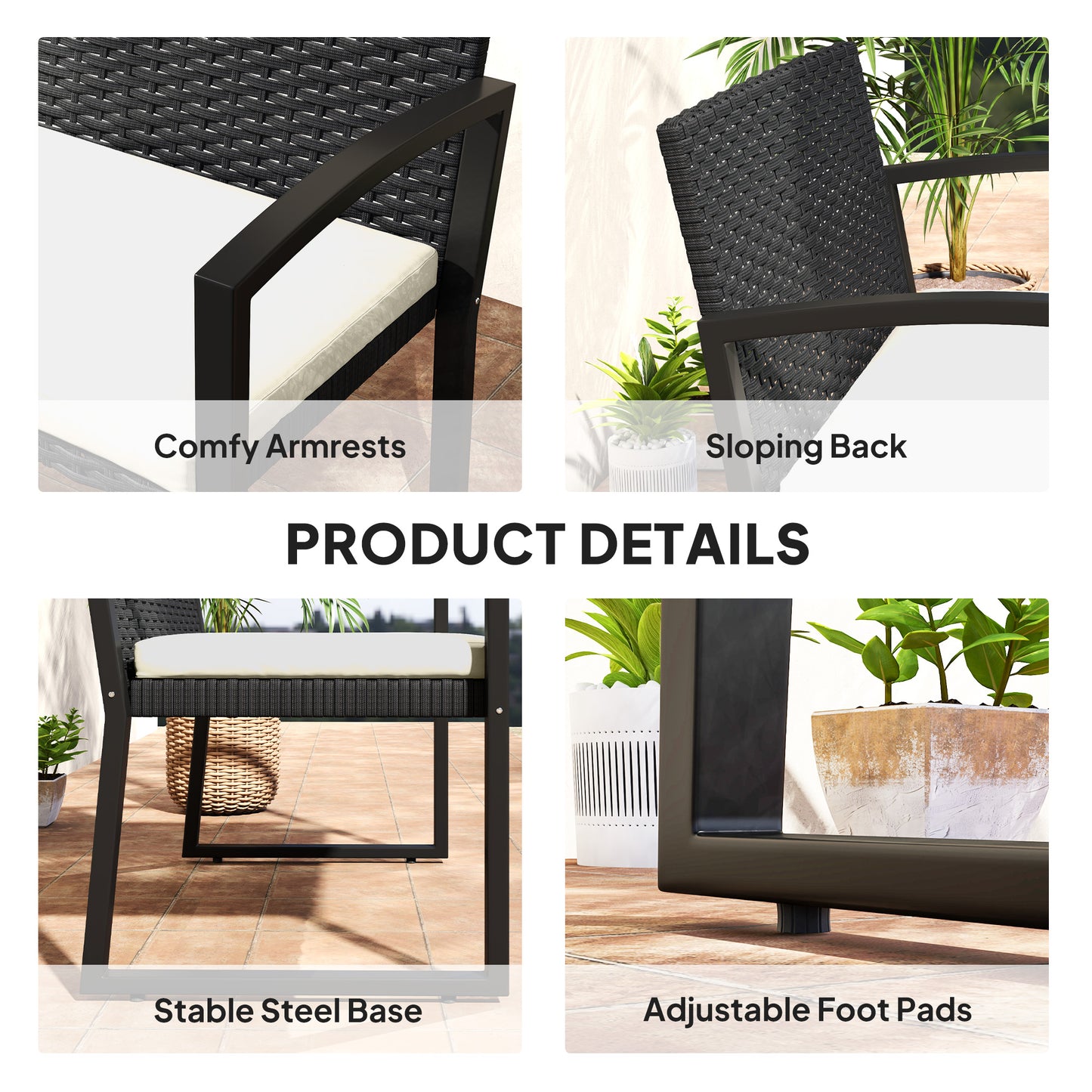 2 Seater Rattan Garden Bench with Cushion, Steel Frame, Black