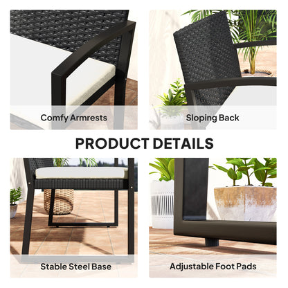 2 Seater Rattan Garden Bench with Cushion, Steel Frame, Black