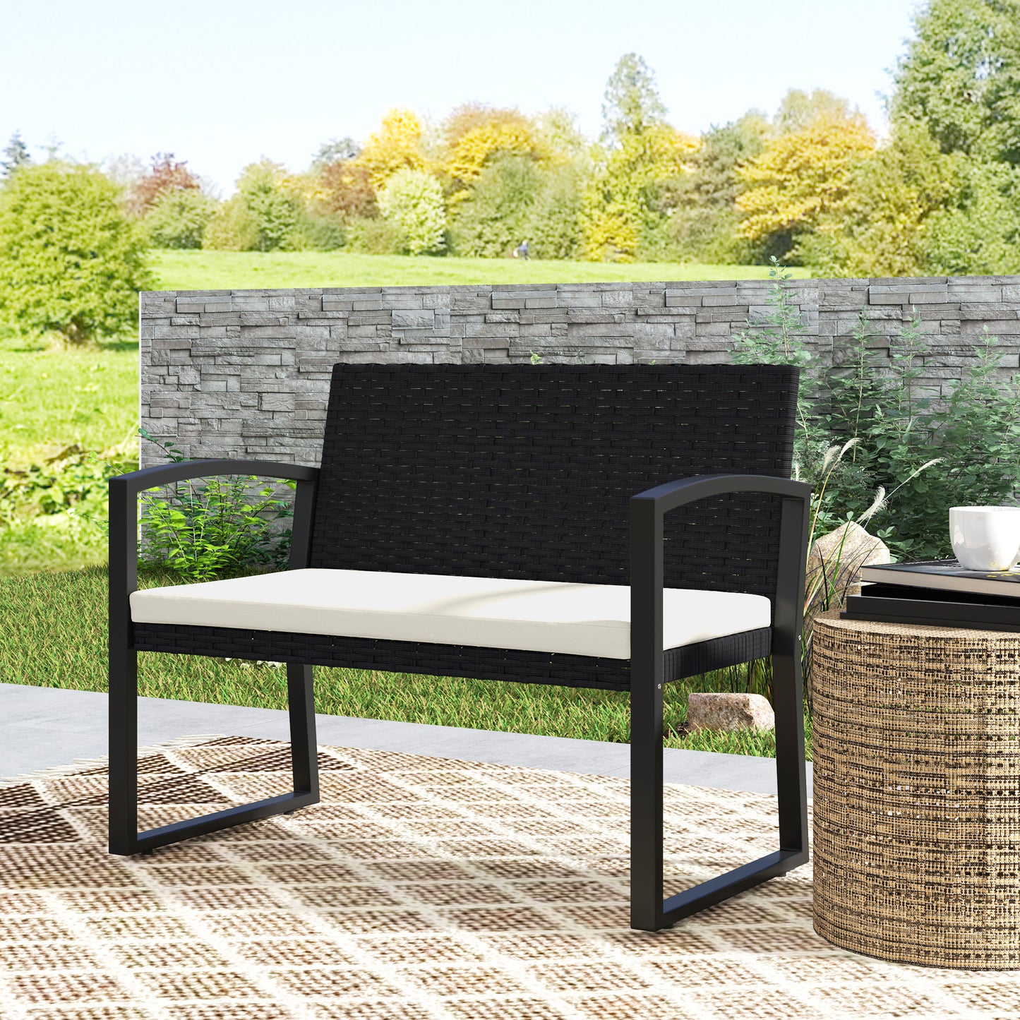 2 Seater Rattan Garden Bench with Cushion, Steel Frame, Black