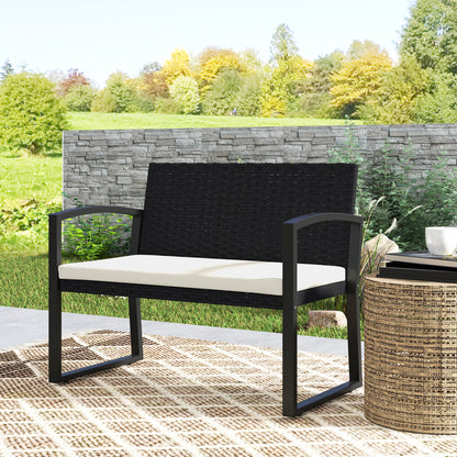 2 Seater Rattan Garden Bench with Cushion, Steel Frame, Black