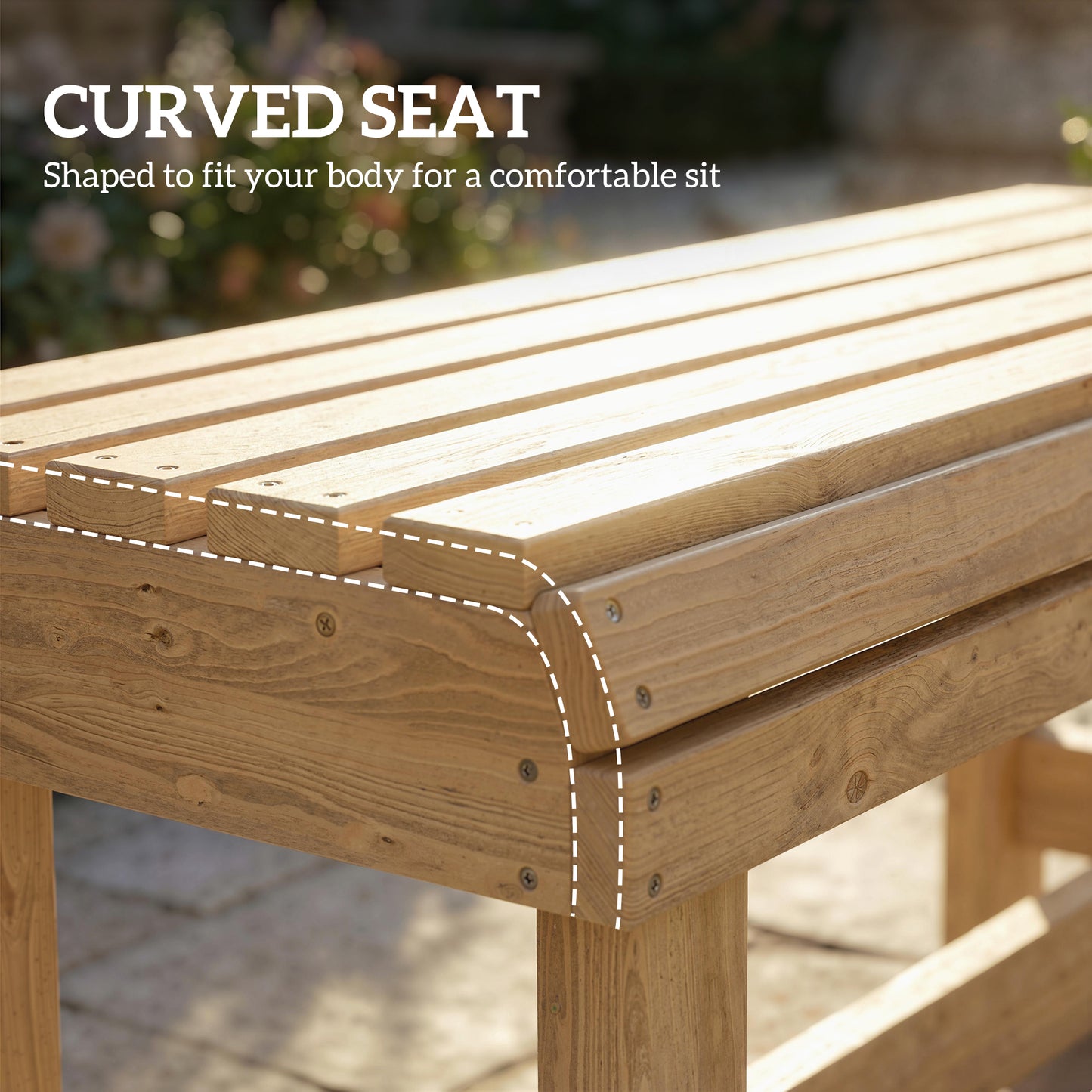 Wooden Garden Bench, 2 Seater Slatted Outdoor Bench, Natural Wood