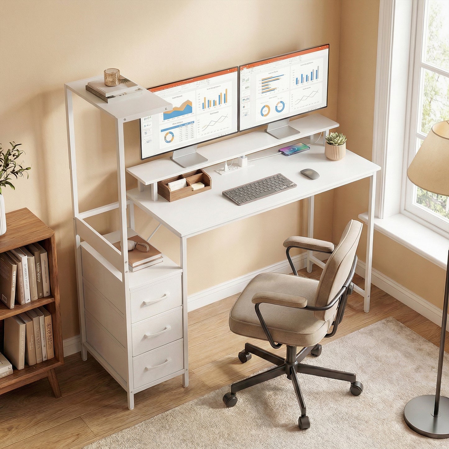 147cm Gaming Desk with Charging Station and RGB Lights, White