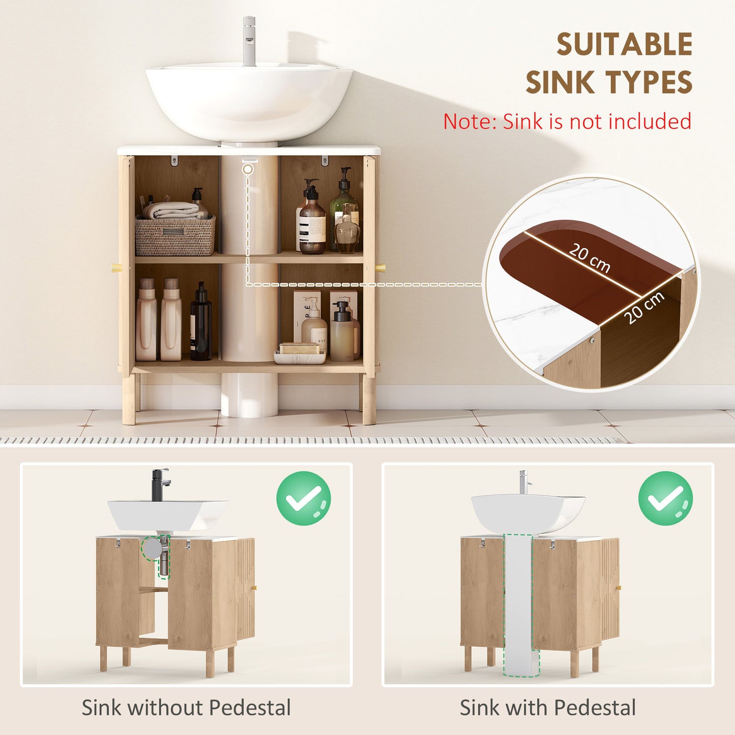 Under Sink Bathroom Cabinet for Basin without or with Pedestal, Oak