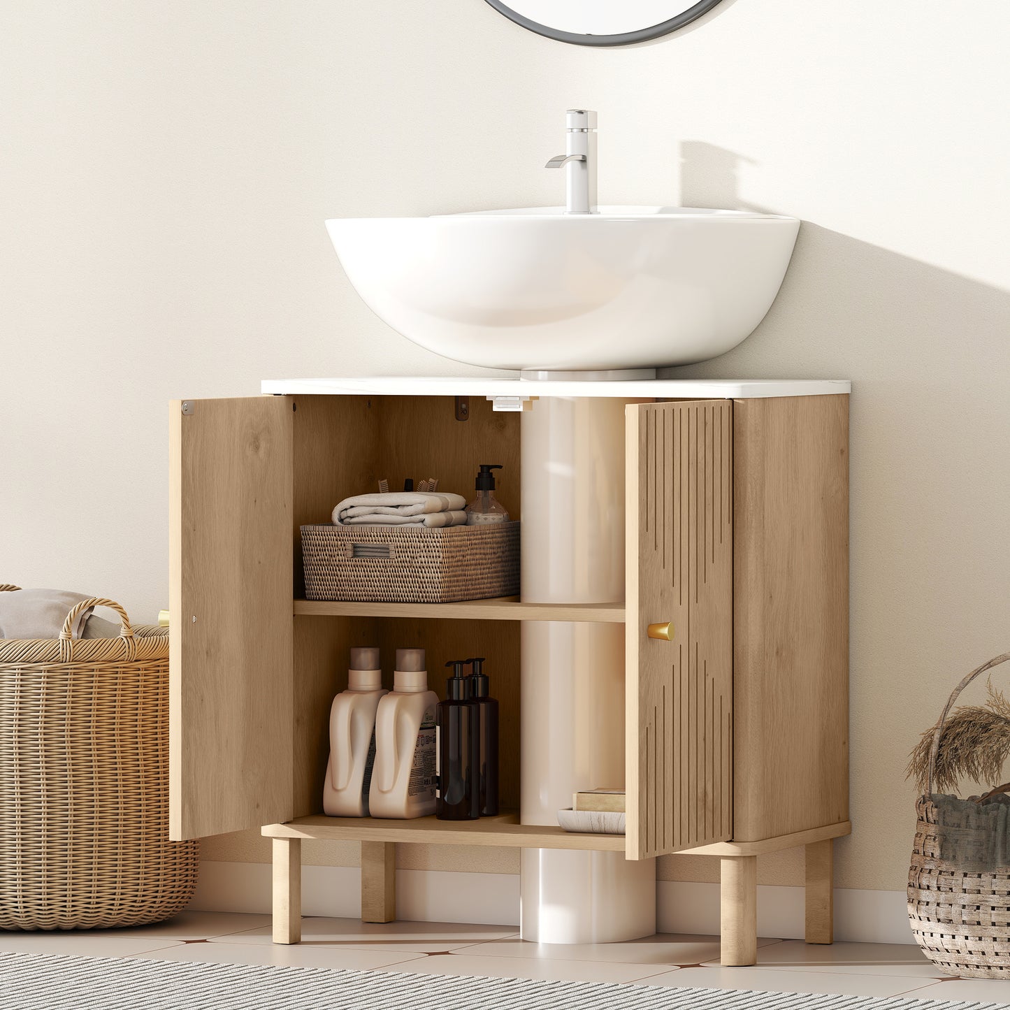 Under Sink Bathroom Cabinet for Basin without or with Pedestal, Oak