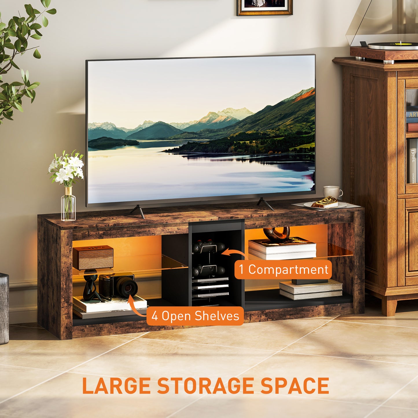 TV Stand, Entertainment Centre with LED Lights, Rustic Brown