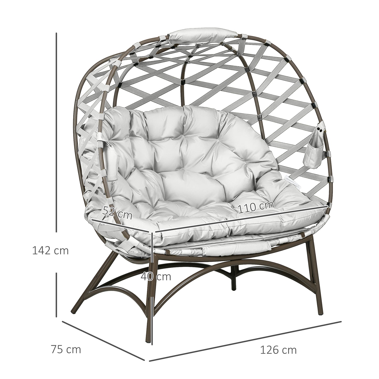 2 Seater Egg Chair Outdoor with Cushion, Cup Pockets - Light Grey