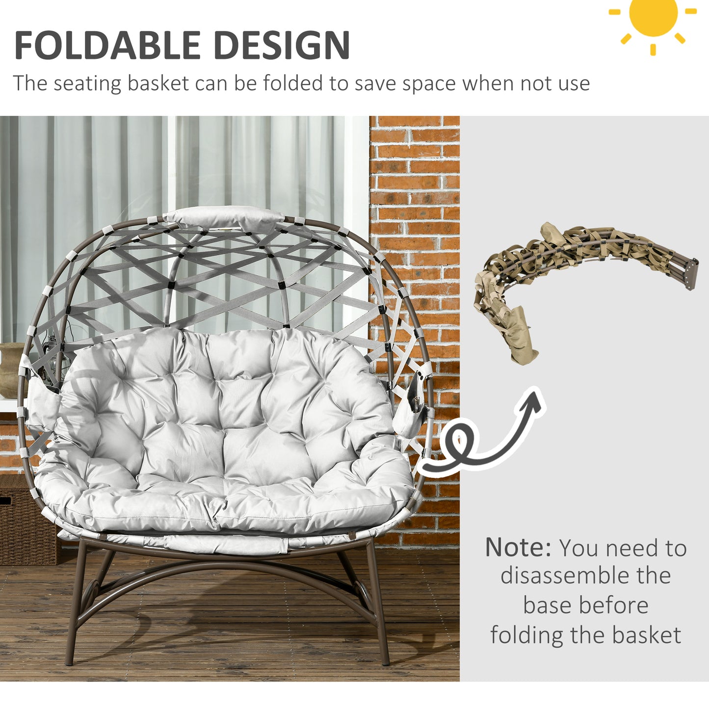 2 Seater Egg Chair Outdoor with Cushion, Cup Pockets - Light Grey