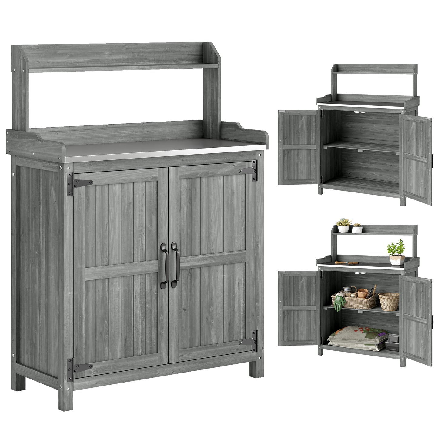 Wooden Potting Bench Table with Aluminium Worktop and Top Shelf