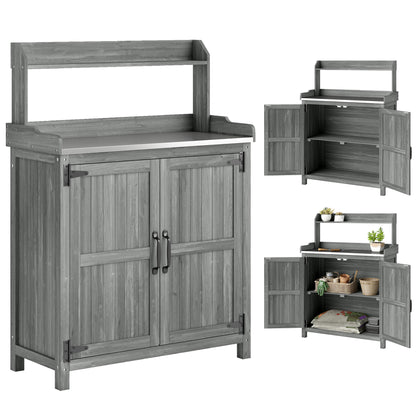 Wooden Potting Bench Table with Aluminium Worktop and Top Shelf