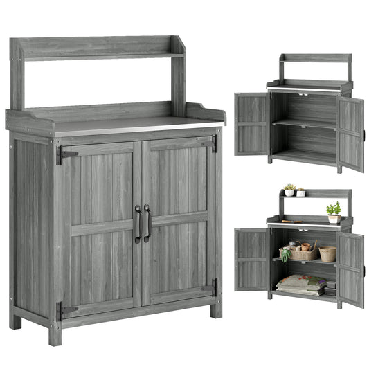 Wooden Potting Bench Table with Aluminium Worktop and Top Shelf