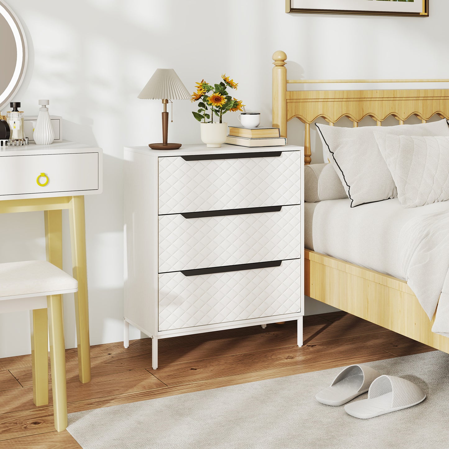Chest of Drawers, 3 Fabric Drawer Dresser, Aluminium Handles, White
