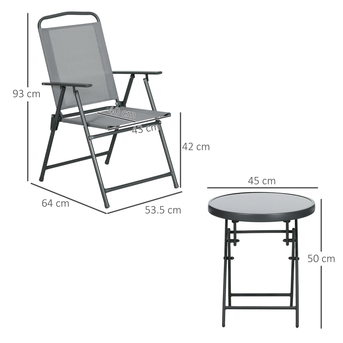 3 Pcs Garden Table and Chairs, Outdoor Bistro Set, Patio Conversation Furniture Set w/ Foldable Armchairs, Glass Top Coffee Table, Grey