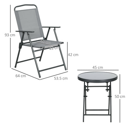 3 Pcs Garden Table and Chairs, Outdoor Bistro Set, Patio Conversation Furniture Set w/ Foldable Armchairs, Glass Top Coffee Table, Grey