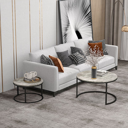 2 Pcs Stacking Coffee Table Set Steel Frame Cement-Effect Top Foot Pads