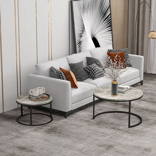2 Pcs Stacking Coffee Table Set Steel Frame Cement-Effect Top Foot Pads