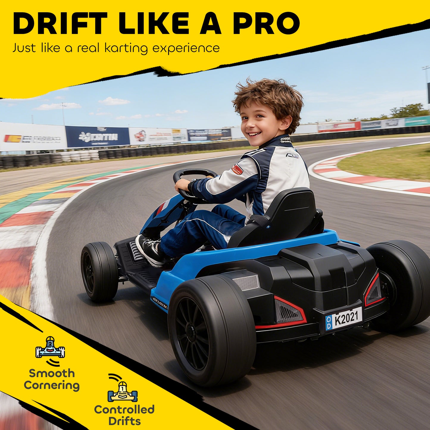 24V Electric Go Kart with Drift Mode, Adjustable Seat, Blue