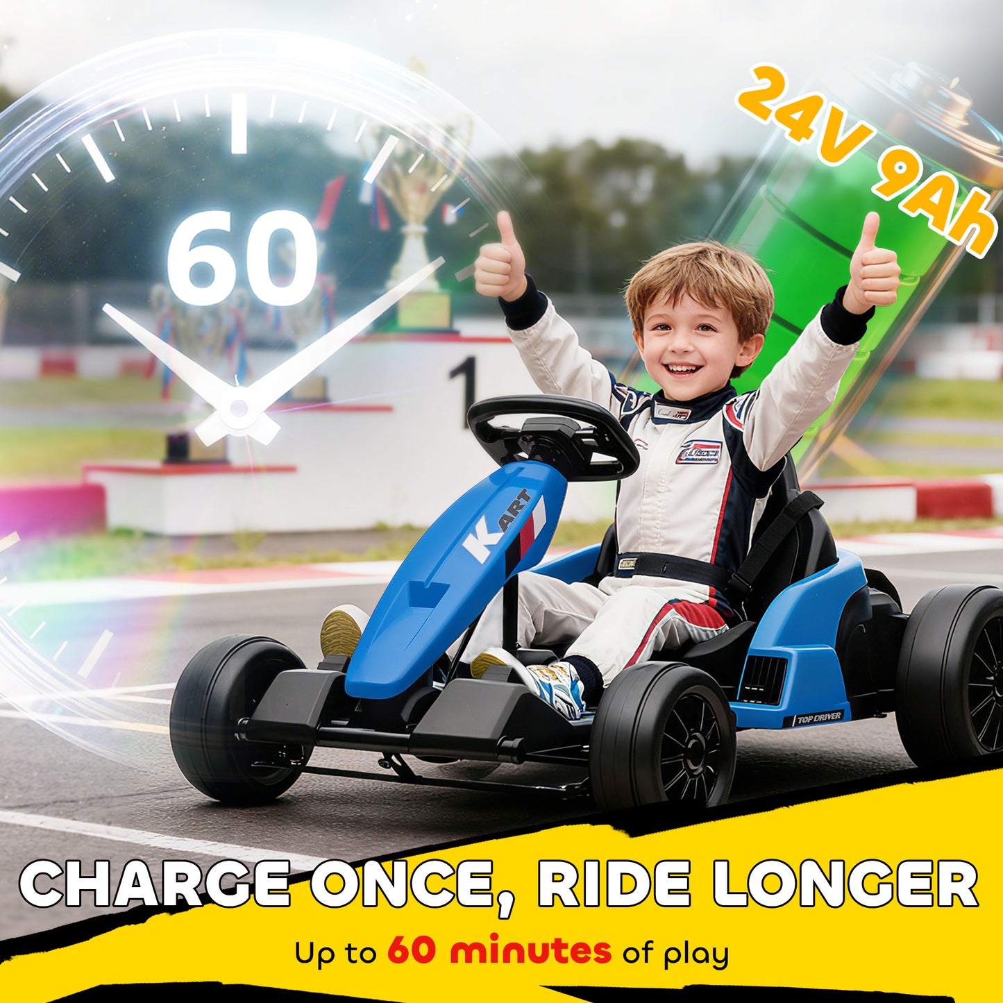 24V Electric Go Kart with Drift Mode, Adjustable Seat, Blue